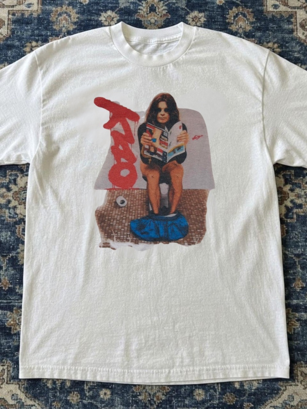 Gildan White Graphic Tee with Red and Blue Artwork